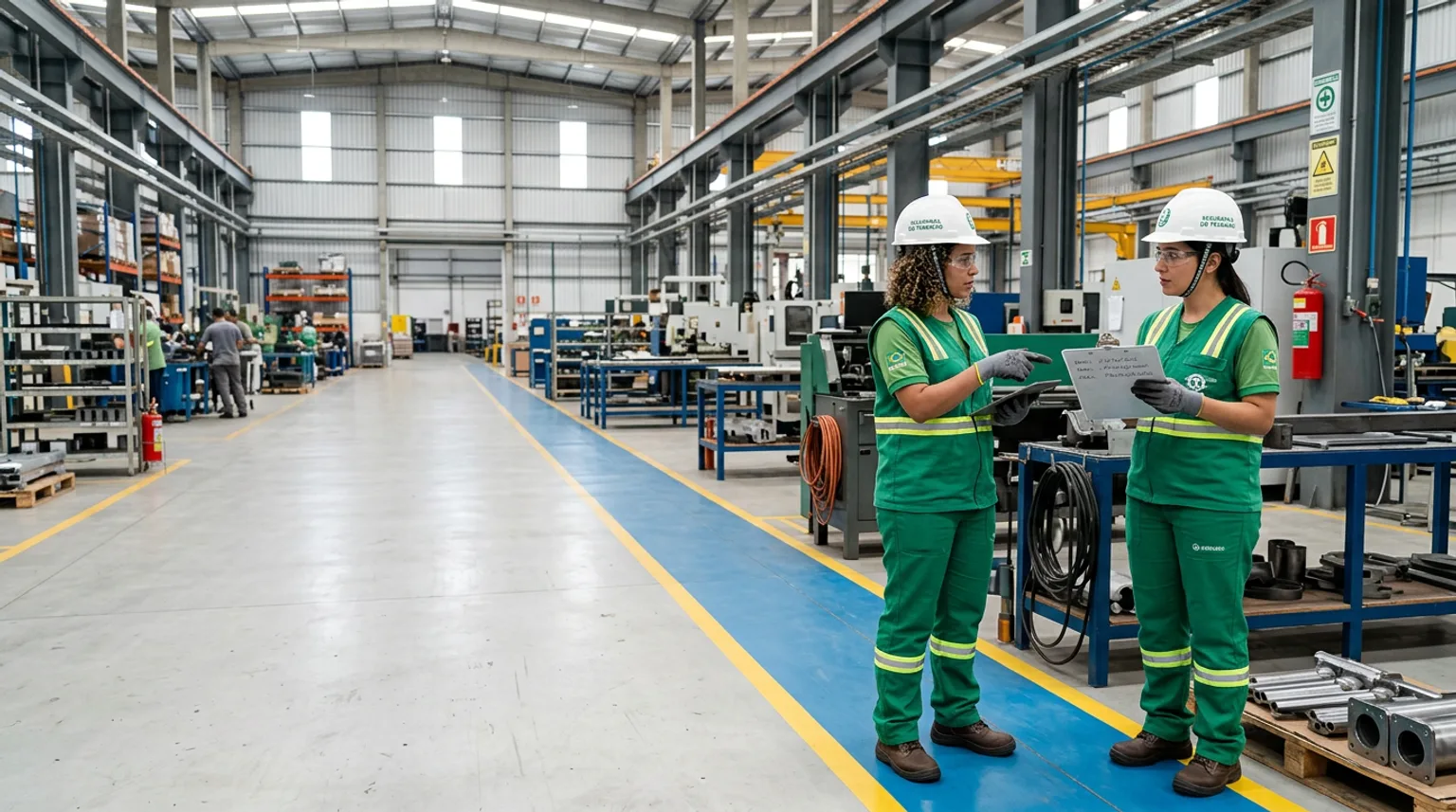 Profissionais de segurança do trabalho inspecionando ambiente industrial com equipamentos de proteção